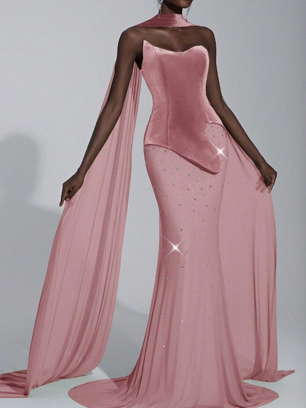 Dusty Pink Velvet Party Women's Fishtail Evening Gown - Picture 5 of 7
